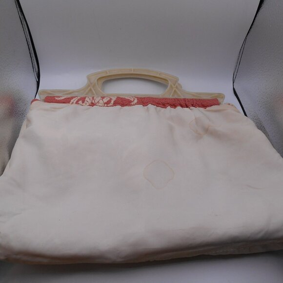 VINTAGE HANDMADE CORAL PINK FLORAL TAPESTRY HANDBAG PURSE - Picture 9 of 10